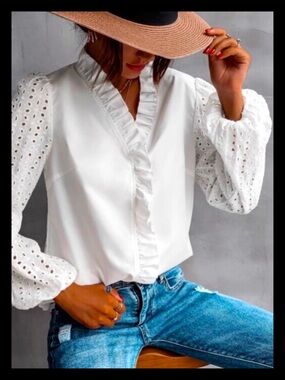 💕Eyelet Embroidery Sleeve Ruffle Trim Blouse NEW💕